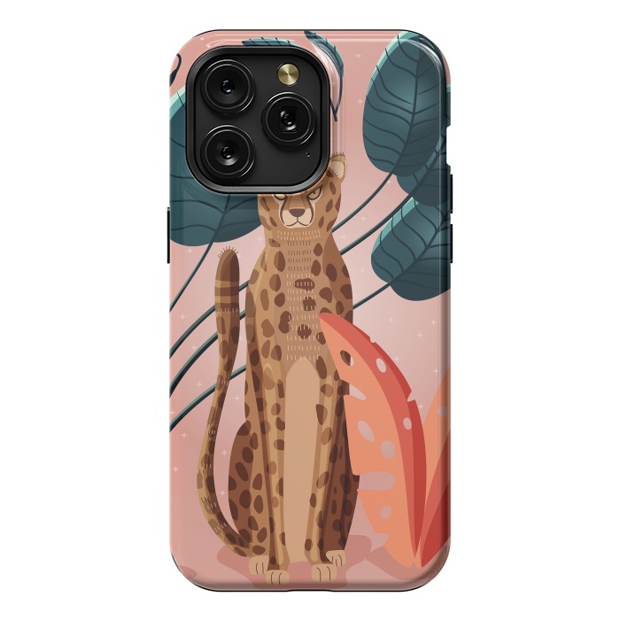 iPhone 15 Pro Max StrongFit Cheetah and palm leaves by Jelena Obradovic