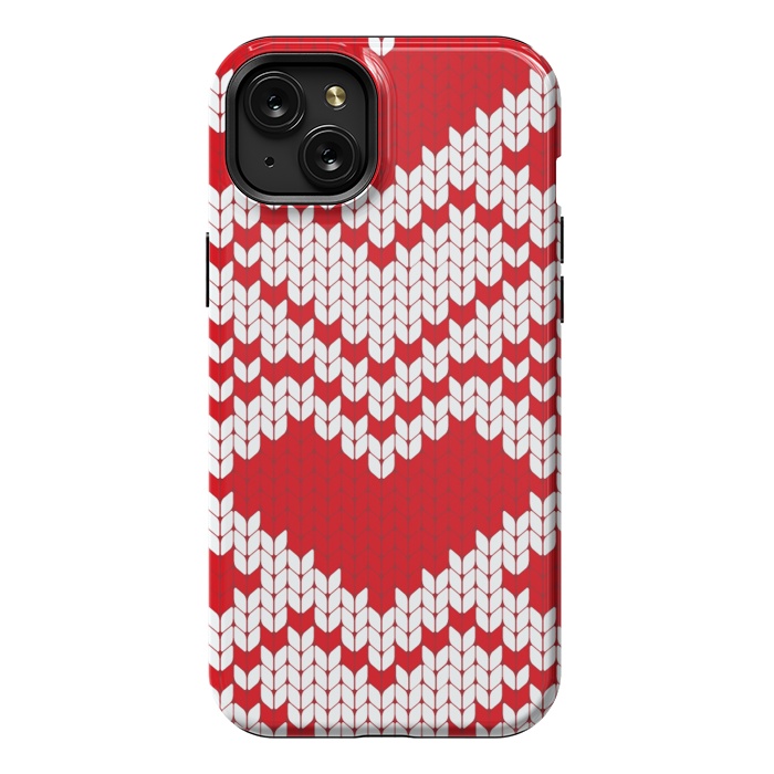 iPhone 15 Plus StrongFit Red white knitted heart pattern by haroulita