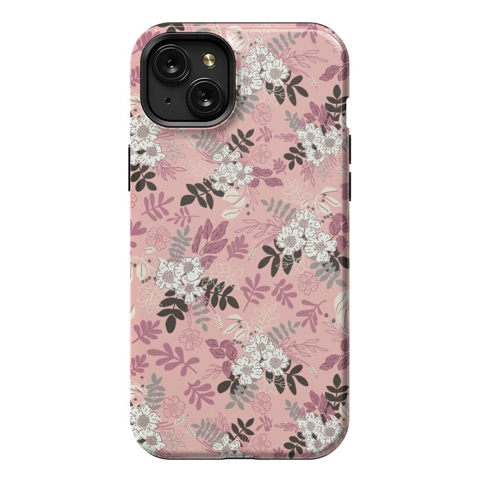 iPhone 15 Plus StrongFit Autumnal Florals in Pink, Black and White by Paula Ohreen