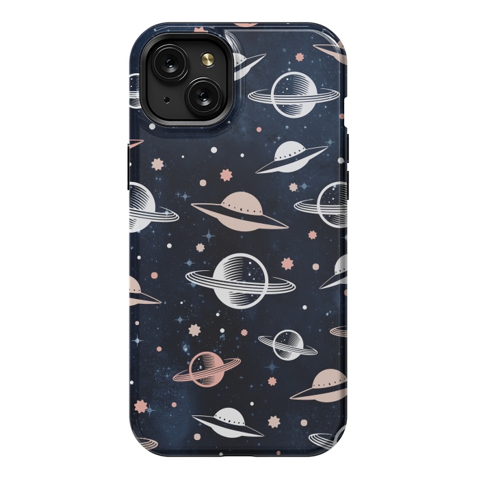 iPhone 15 Plus StrongFit Planets and stars - space pattern - celestial pattern on navy by Oana 