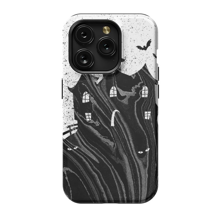 iPhone 15 Pro StrongFit Halloween haunted house - black and white splatter and brushstrokes by Oana 