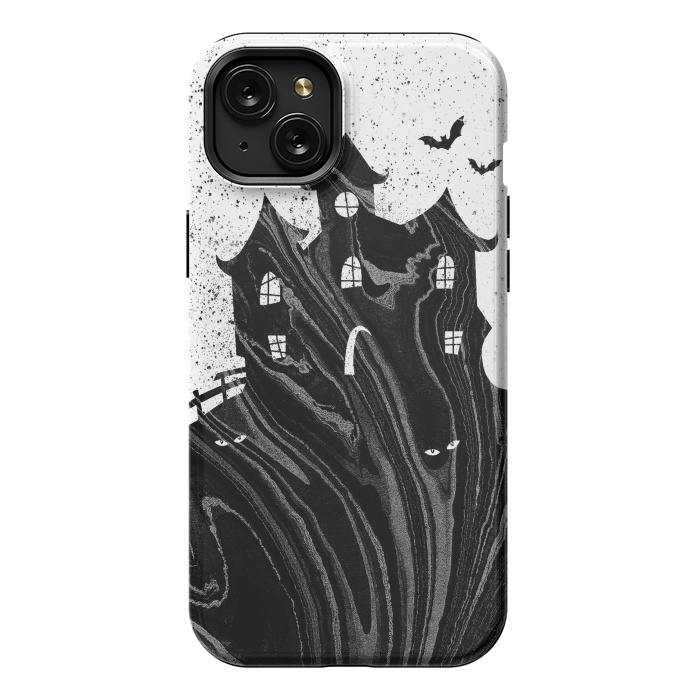iPhone 15 Plus StrongFit Halloween haunted house - black and white splatter and brushstrokes by Oana 