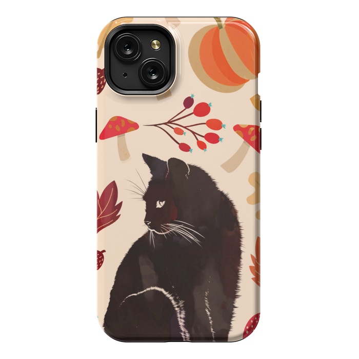 iPhone 15 Plus StrongFit Black cat and autumn woodland pattern - leaves, mushroom, pumpkin by Oana 