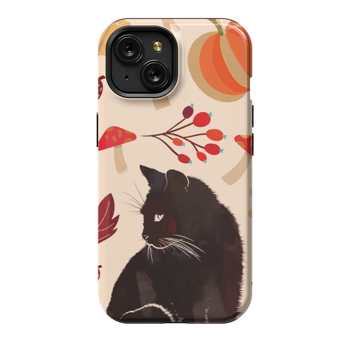 iPhone 15 StrongFit Black cat and autumn woodland pattern - leaves, mushroom, pumpkin by Oana 