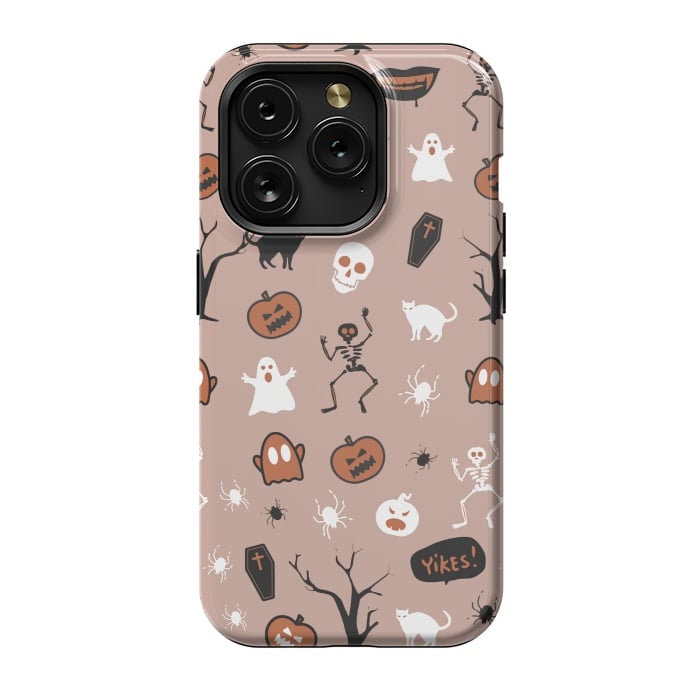 iPhone 15 Pro StrongFit Halloween monsters pattern - skeletons, pumpkins, ghosts, cats, spiders by Oana 