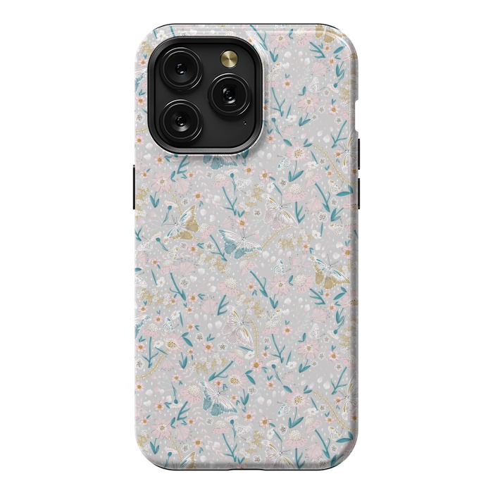 iPhone 15 Pro Max StrongFit Delicate Daisies and Butterflies half-drop repeat pattern by Paula Ohreen