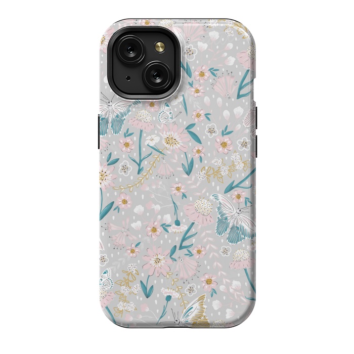 iPhone 15 StrongFit Delicate Daisies and Butterflies half-drop repeat pattern by Paula Ohreen