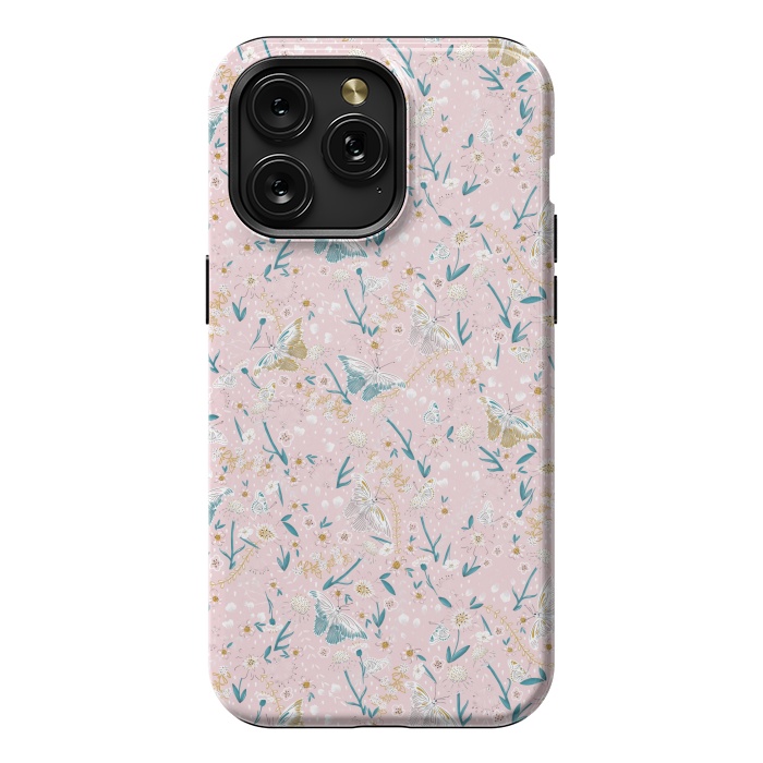 iPhone 15 Pro Max StrongFit Delicate Daisies and Butterflies half-drop repeat pattern on Pink by Paula Ohreen
