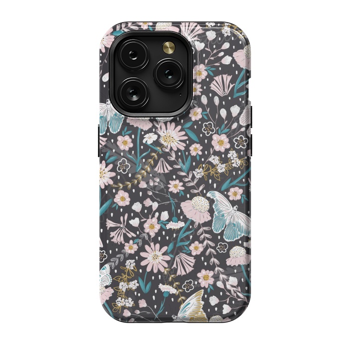 iPhone 15 Pro StrongFit Delicate Daisies and Butterflies half-drop repeat pattern on Black by Paula Ohreen