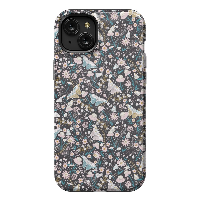 iPhone 15 Plus StrongFit Delicate Daisies and Butterflies half-drop repeat pattern on Black by Paula Ohreen
