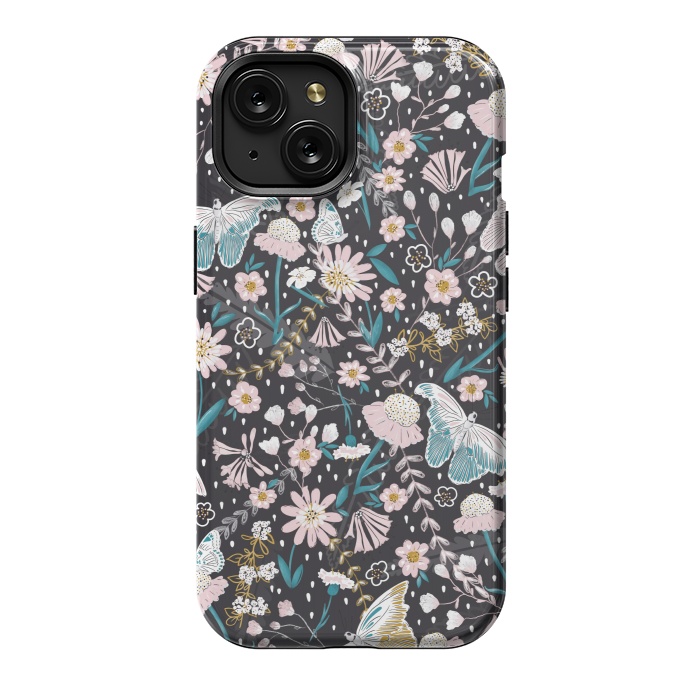 iPhone 15 StrongFit Delicate Daisies and Butterflies half-drop repeat pattern on Black by Paula Ohreen