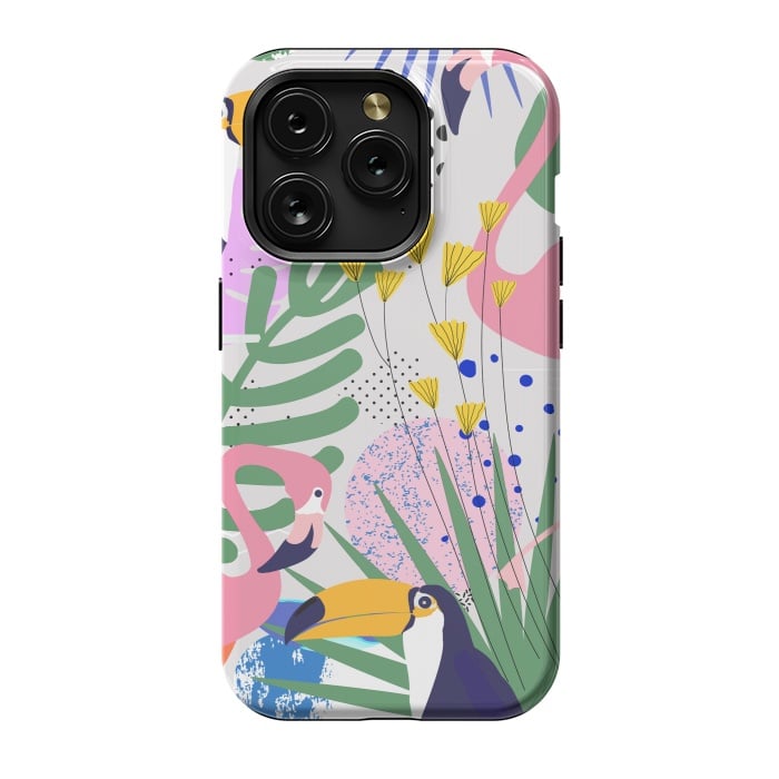 iPhone 15 Pro StrongFit Tropical Spring | Pastel Quirky Modern Bohemian Jungle Botanical | Flamingo Palm Cockatoo Birds by Uma Prabhakar Gokhale