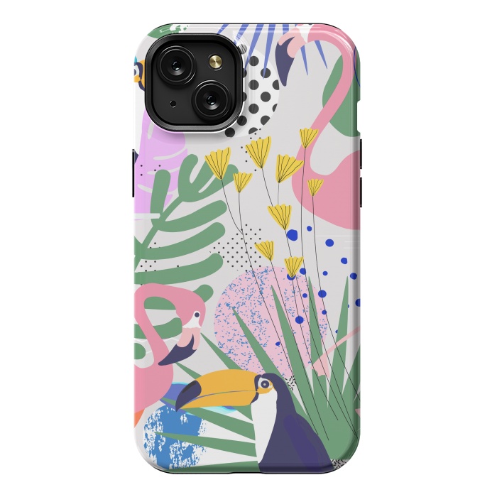 iPhone 15 Plus StrongFit Tropical Spring | Pastel Quirky Modern Bohemian Jungle Botanical | Flamingo Palm Cockatoo Birds by Uma Prabhakar Gokhale