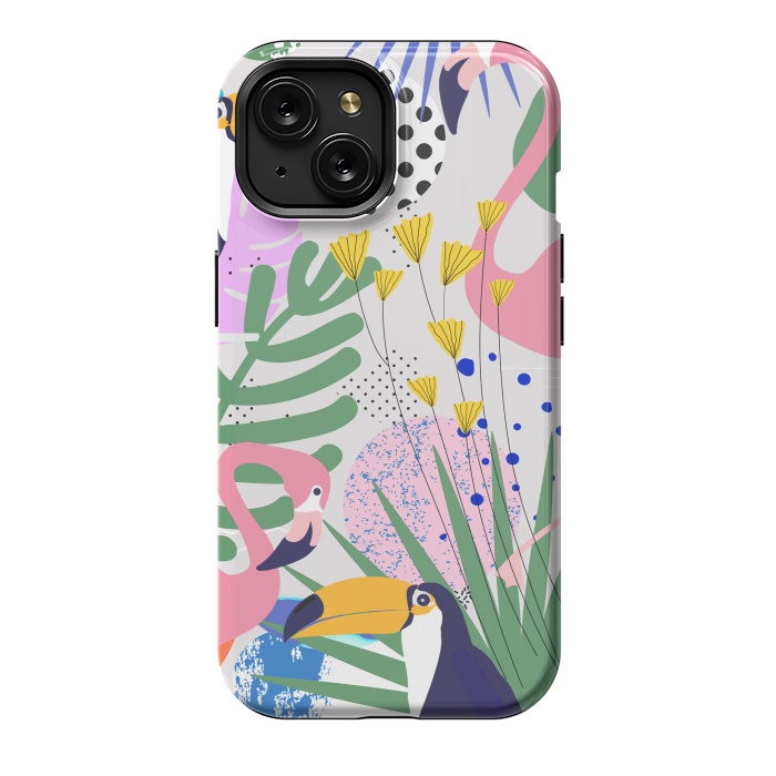 iPhone 15 StrongFit Tropical Spring | Pastel Quirky Modern Bohemian Jungle Botanical | Flamingo Palm Cockatoo Birds by Uma Prabhakar Gokhale