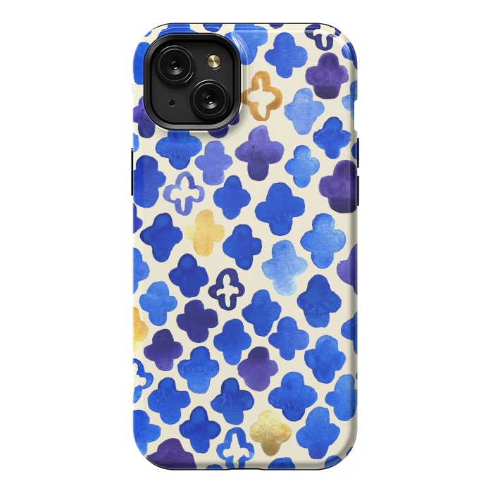 iPhone 15 Plus StrongFit Rustic Watercolor Moroccan in Royal Blue & Gold by Tangerine-Tane