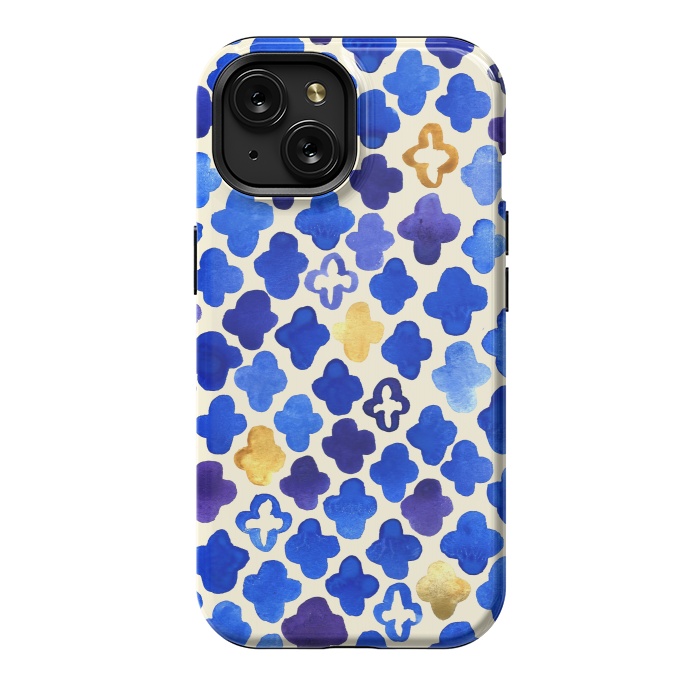 iPhone 15 StrongFit Rustic Watercolor Moroccan in Royal Blue & Gold by Tangerine-Tane