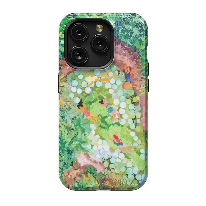 iPhone 15 Pro StrongFit Tropical Vacay | Rainforest Jungle Botanical Lush Nature | Summer Lake People Swim | Boho Painting by Uma Prabhakar Gokhale