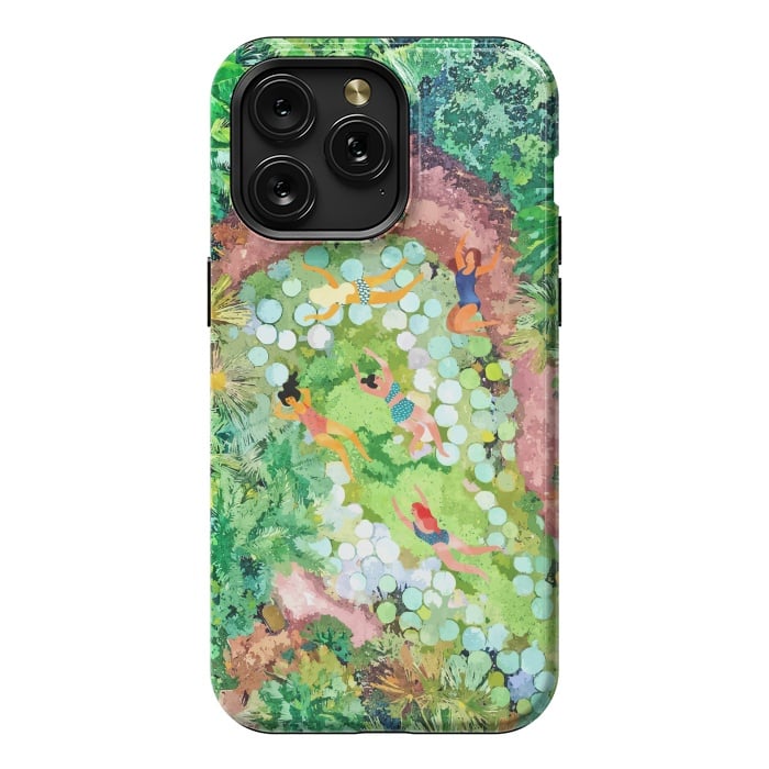 iPhone 15 Pro Max StrongFit Tropical Vacay | Rainforest Jungle Botanical Lush Nature | Summer Lake People Swim | Boho Painting by Uma Prabhakar Gokhale