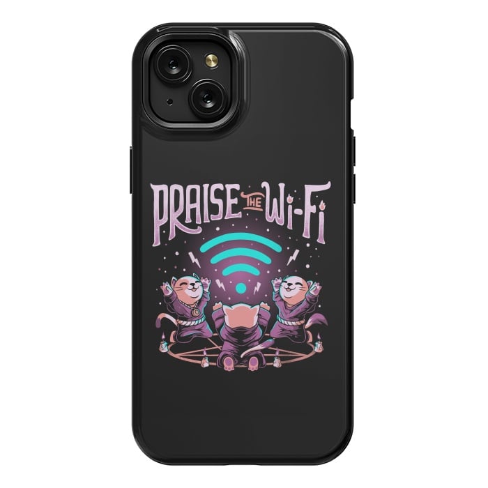 iPhone 15 Plus StrongFit Praise the Wifi Funny Evil Worship Cats by eduely
