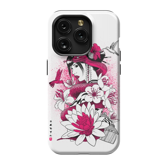 iPhone 15 Pro StrongFit Geisha with snake and hummingbirds by Alberto