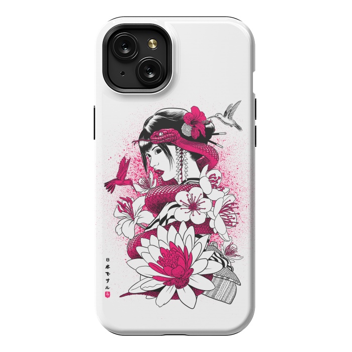 iPhone 15 Plus StrongFit Geisha with snake and hummingbirds by Alberto