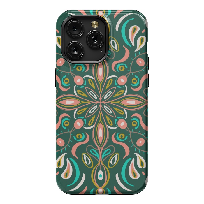 iPhone 15 Pro Max StrongFit Bold Boho Mandala in Green Coral and Gold by ECMazur 