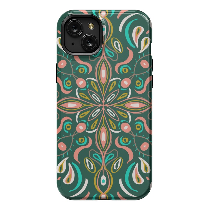 iPhone 15 Plus StrongFit Bold Boho Mandala in Green Coral and Gold by ECMazur 