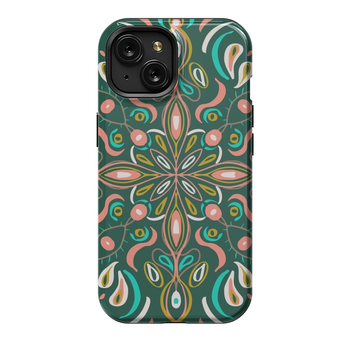 iPhone 15 StrongFit Bold Boho Mandala in Green Coral and Gold by ECMazur 