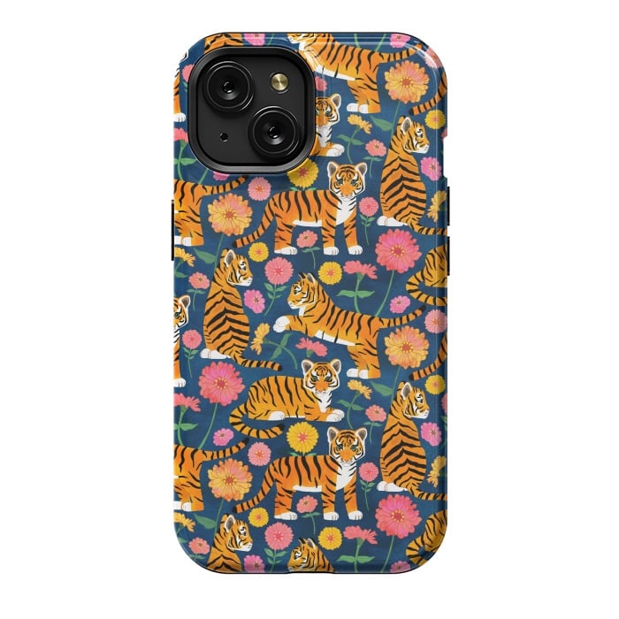 iPhone 15 StrongFit Tiger Cubs and Zinnias by Tangerine-Tane