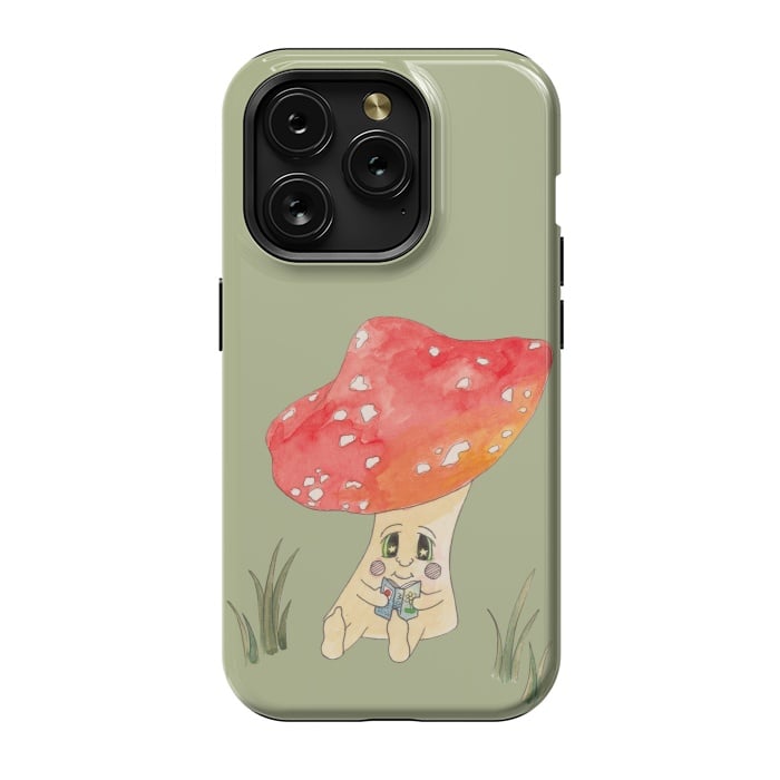 iPhone 15 Pro StrongFit Cute Watercolour Mushroom Reading 4 by ECMazur 