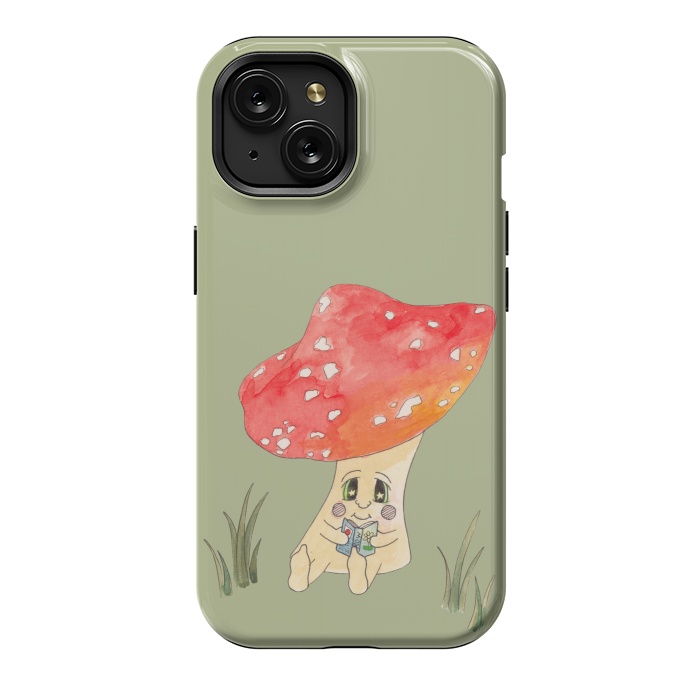 iPhone 15 StrongFit Cute Watercolour Mushroom Reading 4 by ECMazur 