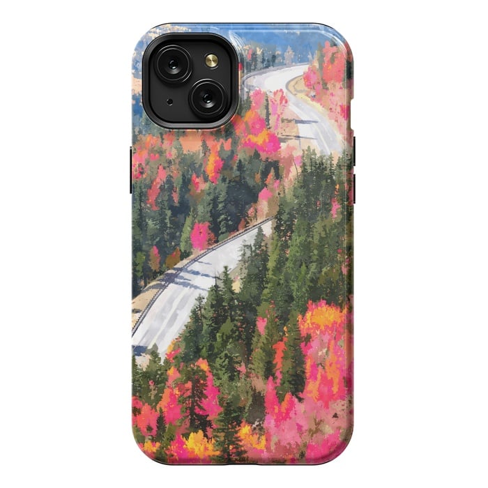 iPhone 15 Plus StrongFit Valley of Pink Trees | Fantasy Pop of Color Forest Nature | Jungle Adventure Road Trip Pine by Uma Prabhakar Gokhale