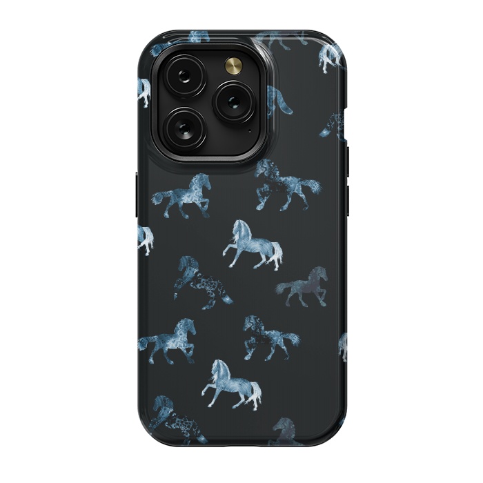iPhone 15 Pro StrongFit Horse pattern - blue watercolor horses  by Oana 