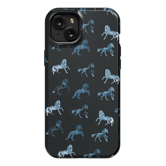 iPhone 15 Plus StrongFit Horse pattern - blue watercolor horses  by Oana 
