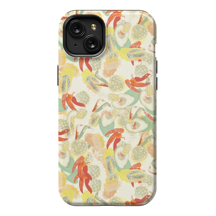 iPhone 15 Plus StrongFit Colorful exotic fruits and chili - tropical fruit pattern by Oana 