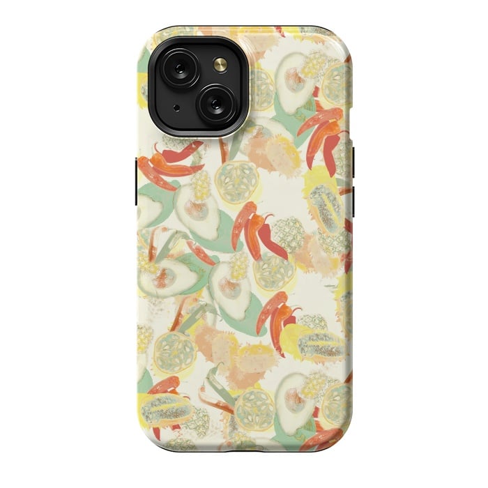 iPhone 15 StrongFit Colorful exotic fruits and chili - tropical fruit pattern by Oana 