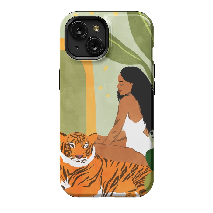 iPhone 15 StrongFit Just You & Me | Tiger Urban Jungle Friendship | Wild Cat Bohemian Black Woman with Pet by Uma Prabhakar Gokhale