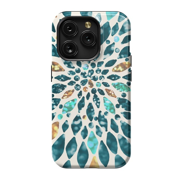 iPhone 15 Pro StrongFit Glitter Dahlia in Gold, Aqua and Ocean Green by Tangerine-Tane