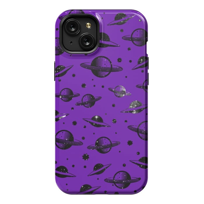 iPhone 15 Plus StrongFit Planets, stars space pattern on purple background by Oana 