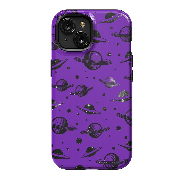 iPhone 15 StrongFit Planets, stars space pattern on purple background by Oana 