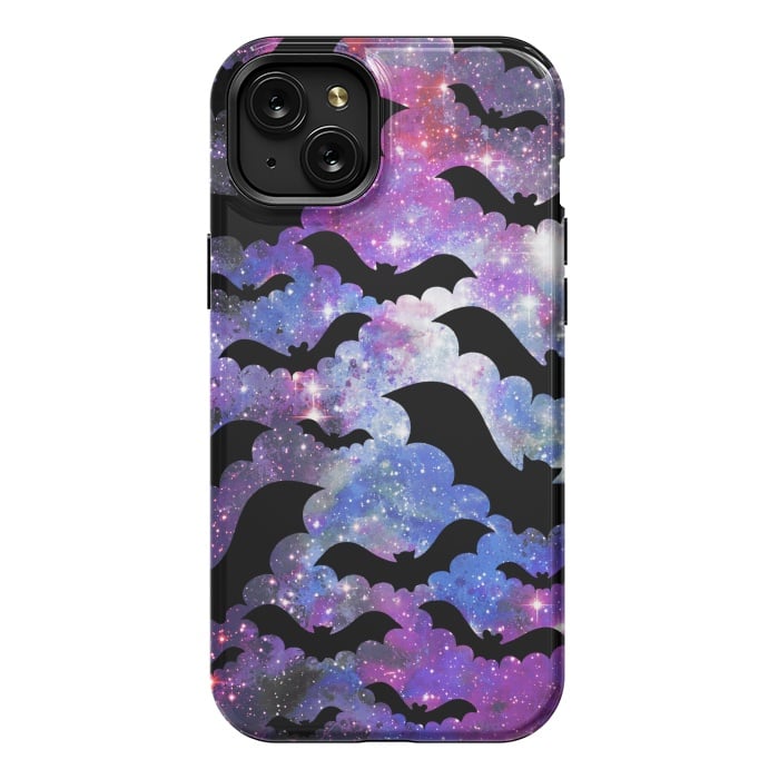 iPhone 15 Plus StrongFit Flying bats and starry night sky - purple-blue night sky by Oana 