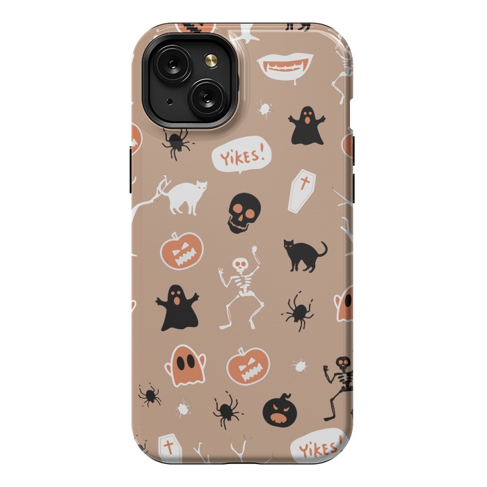 iPhone 15 Plus StrongFit Halloween Monster pattern - cute Halloween stickers - skull, pumpkin, black cat, ghost by Oana 