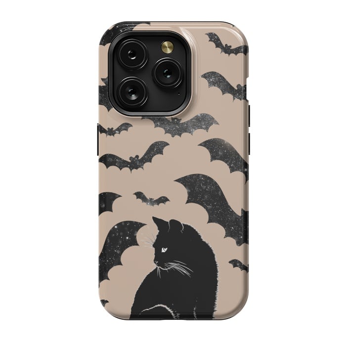 iPhone 15 Pro StrongFit Black cats and night sky bats - Halloween witchy illustration by Oana 