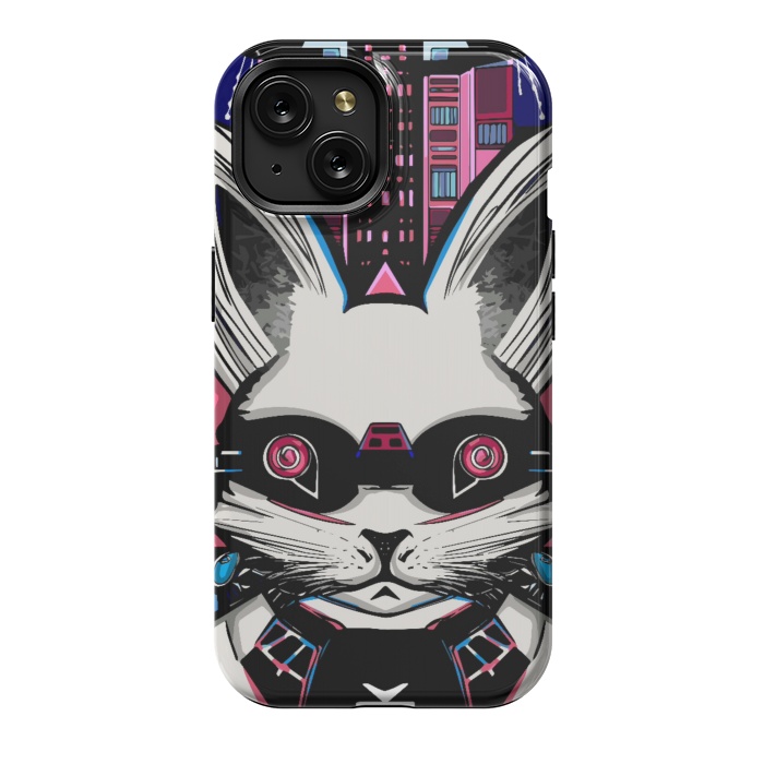 iPhone 15 StrongFit Neon cyberpunk rabbit with glowing eyes background  by Josie