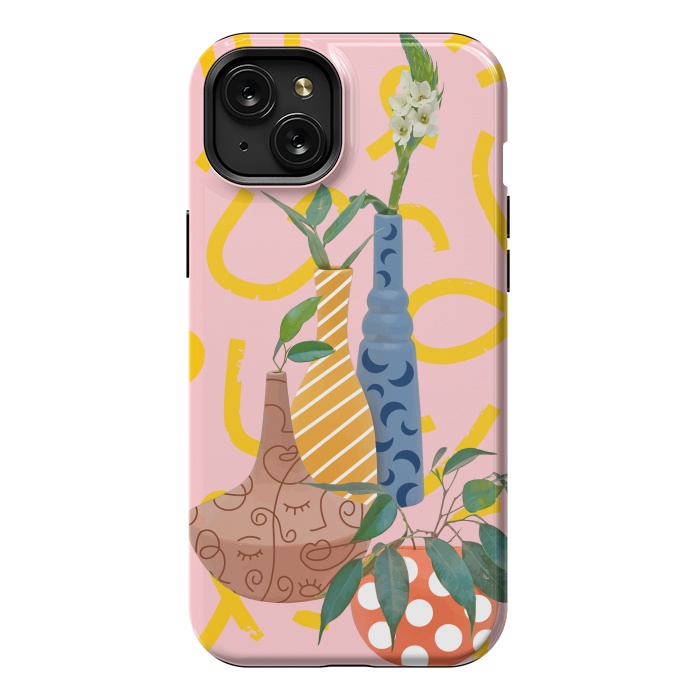 iPhone 15 Plus StrongFit Modern Botanicals, Abstract Plant Pots, Quirky Nature Bohemian, Contemporary Décor by Uma Prabhakar Gokhale