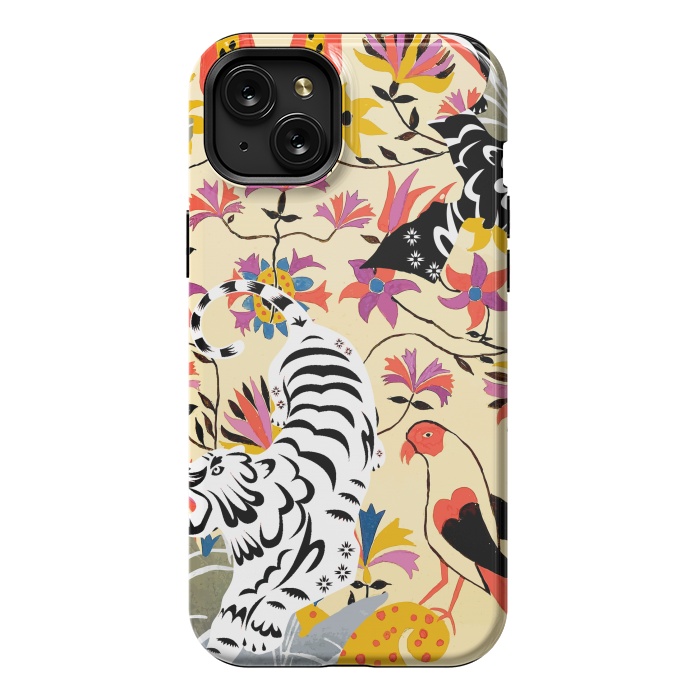 iPhone 15 Plus StrongFit Yin Yang, Vintage Botanical Tiger Jungle, Balance Positivity Peace, Forest Animals Wild Cat by Uma Prabhakar Gokhale