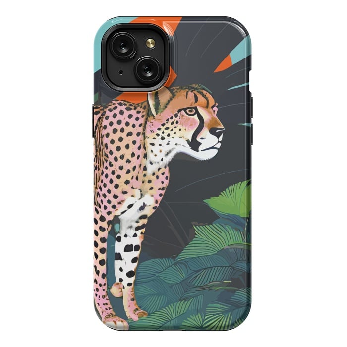 iPhone 15 Plus StrongFit The Cheetah, Tropical Jungle Animals, Mystery Wild Cat, Wildlife Forest Vintage Nature Painting by Uma Prabhakar Gokhale