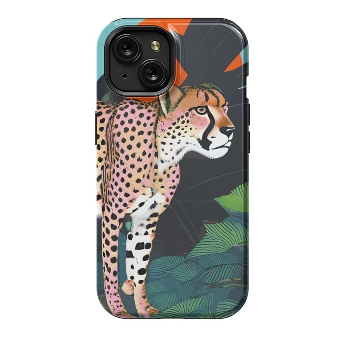 iPhone 15 StrongFit The Cheetah, Tropical Jungle Animals, Mystery Wild Cat, Wildlife Forest Vintage Nature Painting by Uma Prabhakar Gokhale