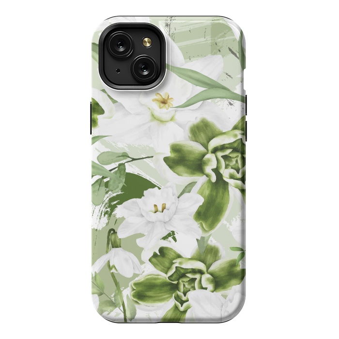 iPhone 15 Plus StrongFit White Watercolor Flowers 1 by Bledi