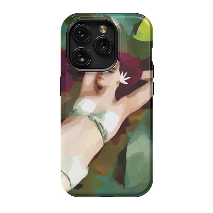 iPhone 15 Pro StrongFit The Moment of Peace, Girl Woman on Lotus Leaf, Tropical Nature Botanical Watercolor Bohemian Painting by Uma Prabhakar Gokhale